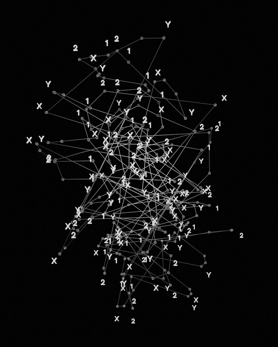 A complex network of lines connecting points labeled with X, Y, 1, and 2